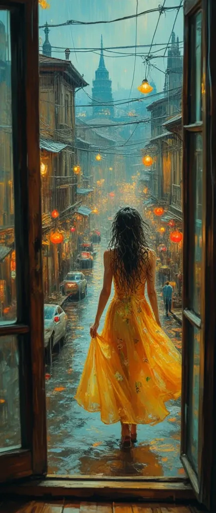 A bird’s eye view I see you from the window of my house on the first floor You’re in the street in the rain with yellow dress and floral texture Your long wet hair fall along your body decorating you look at me and invite me to come down to dance together ...