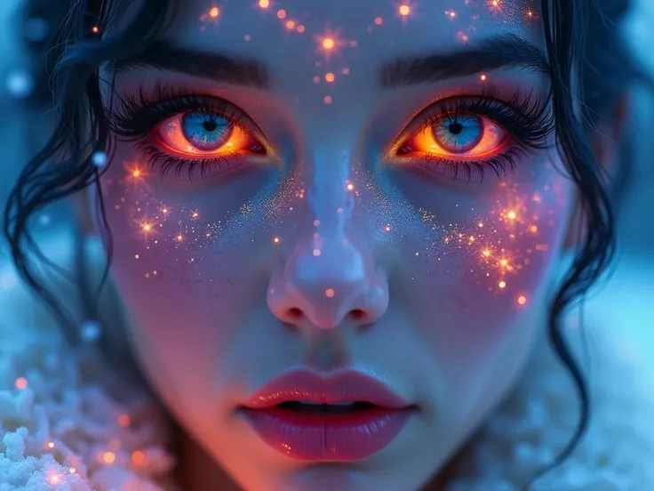 magical beauty, neon,  photorealistic ,  Beautiful woman , Macro photography,  high quality, 4K, Fairy, face tattoo , different eye colors,  snow , красивые neonовые частицы,  photorealistic , luminescence  