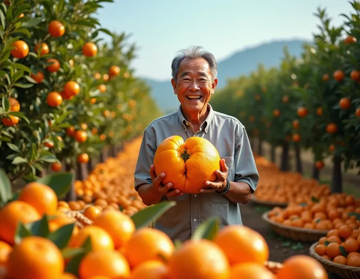 In the foreground, there are several baskets of golden oranges on the ground. A happy 55-year-old Taiwanese man in a gray shirt is standing behind several frames of oranges, holding a very large orange in his hands. The orange is so large that it takes up ...