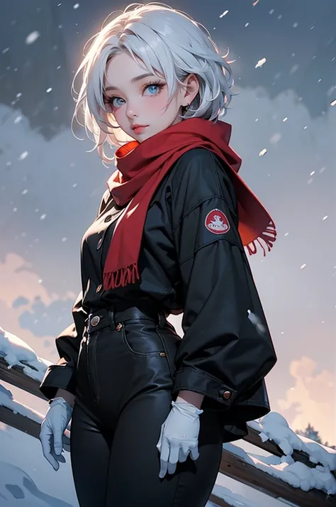 Masterpiece, best quality, good lighting, cinematic, 1girl, solo, looking at viewer, petite, curvy hips, white hair, contrasting turquoise eyes, aegyo sal, beautiful, attractive, wearing thick black parka, gloves, red scarf, black hood, wearing black banda...