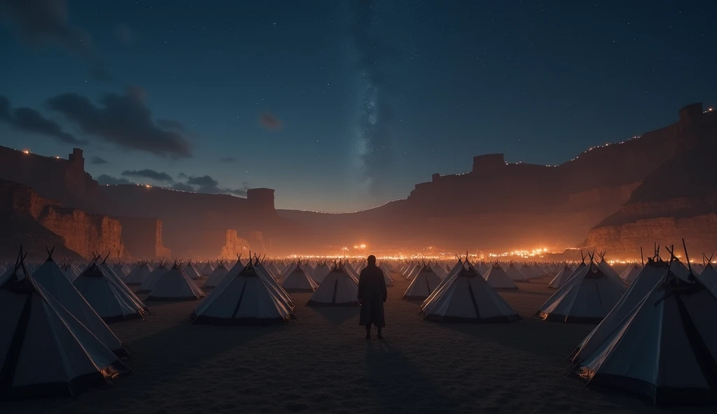 "A vast, dimly lit camp under a starlit sky, where thousands of Israelite tents lie in a vast field. Jericho’s tall, impenetrable stone walls loom in the distance, illuminated by faint torches along its edges. Silence fills the air, capturing the tense ant...