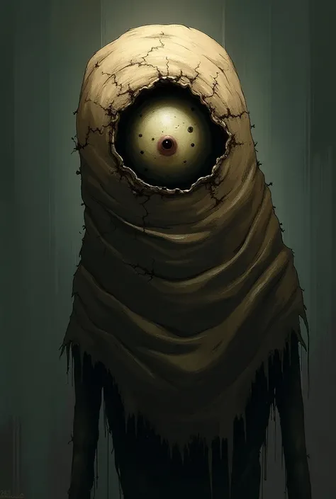 Create a sinister creature that covers its face with a sack of potatoes and that only one of its terrifying eyes can be seen through the hole in that sack of potatoes.  and whose drawing style is in 2D anime .