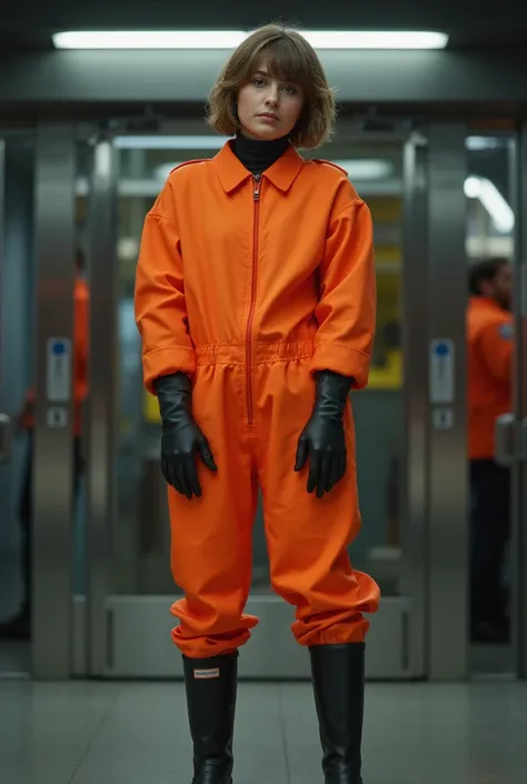 a realistic french woman with short curly brown hair and fringe haircut, being arrested in a futuristic space trial court. shes wearing a zipped orange prison rubber jumpsuit, black Hunter rubber boots, and long black rubber gloves. fullbody veiw