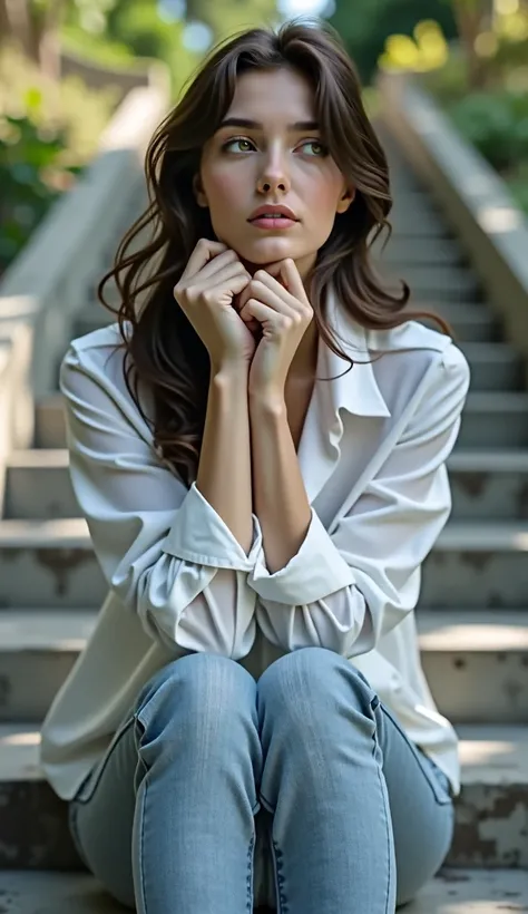 "A young, elegant woman sits on concrete stairs, looking thoughtful. She is wearing a white shirt and jeans. The background is an outdoor setting with soft natural lighting. The image should be in a photographic style, with realistic colors and soft shadow...