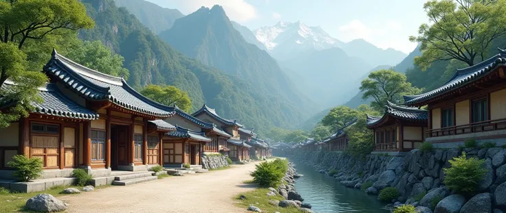 A Joseon Dynasty Korean village with a spring against a mountain backdrop (the village entrance and tile-roofed houses on the left, and trees and mountains on the right) More korean style