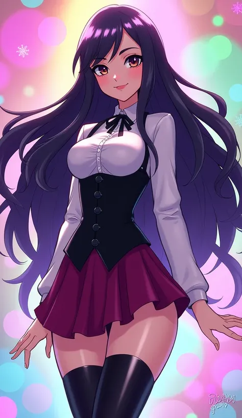 Zatanna from DC Super Hero Girls 2019, long purple hair, straight purple hair, sparkly purple hair, magical purple hair (Dark purple), Zatanna is a beautiful teenage girl with fair skin and a distinctive hourglass figure, thick light indigo hair that reach...