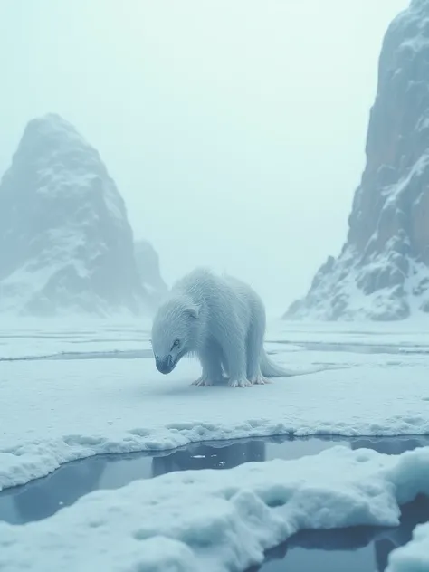 SURREAL ARCTIC LANDSCAPE WITH A STRANGE, ALIEN-LIKE ANIMAL MOVING IN THE ICE, THE CAMERA MOVING SLOWLY TOWARDS THE OBJECT