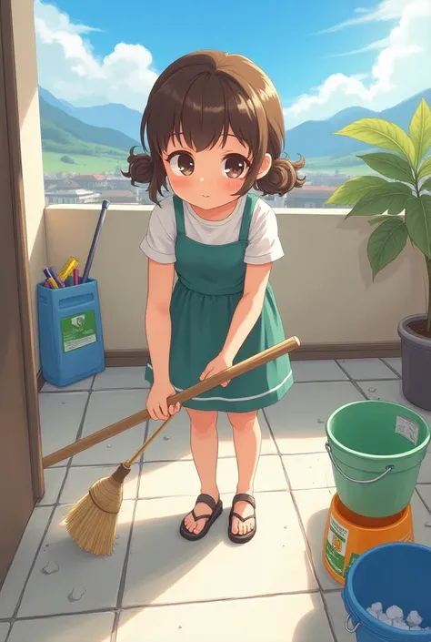 Anime girl with Asian features with brown hair and brown eyes cleaning the roof which is a floor complete with a broom and a mop and a bucket 