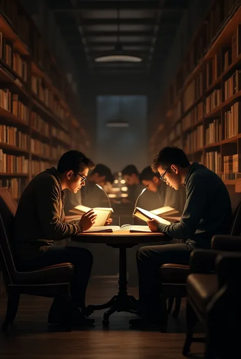 Image of a library or study room with people reading science and philosophy books together but let it be that the book is about philosophy and the image that is horizontal
