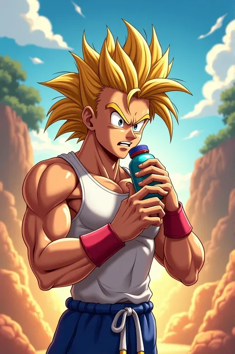 Athletic boy with wavy medium size tan hair taking his protein animated version as a cartoon of Dragon Ball as a 