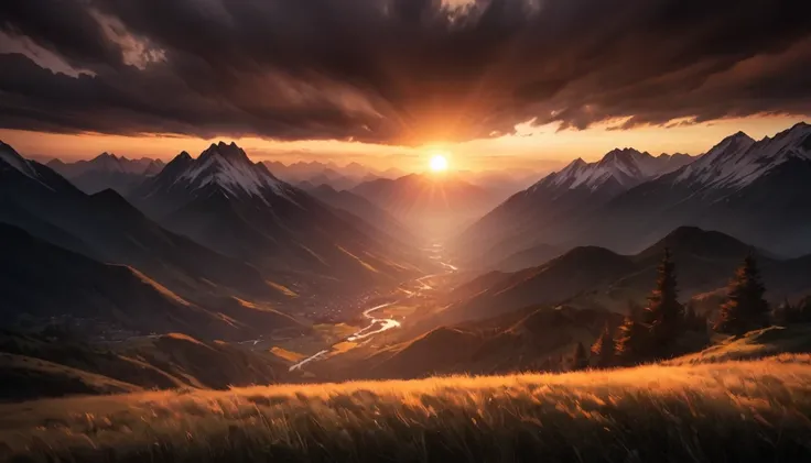 mountains with a sunset in the background, mountain sunrise, mountains in a background, mountainscape, sun rises between two mountains, sunset in a valley, rising from mountain range, mountainous background, mountains background, mountains on background, m...