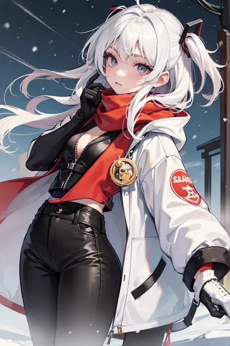 Masterpiece, best quality, good lighting, cinematic, 1girl, solo, looking at viewer, petite, curvy hips, white hair, contrasting turquoise eyes, aegyo sal, beautiful, attractive, wearing thick black parka, gloves, red scarf, black hood, wearing black banda...