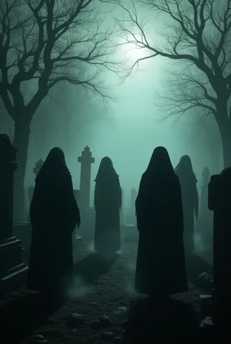 several silhouettes of old women in a cemetery