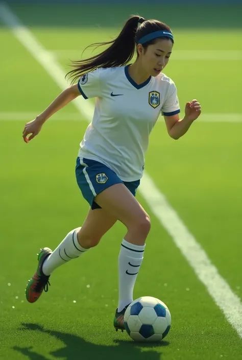 A hyper-realistic image of a white-skinned soccer player on a soccer field, wearing a hair band and with her hair tied in a ponytail . black hair. 