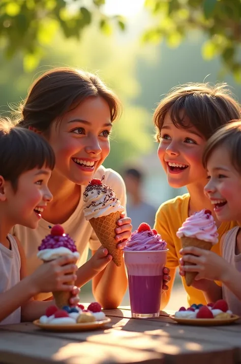 Description:  A family enjoying açaí ice cream on a warm afternoon ,  each with different combinations of toppings . There are laughs ,  joy and a sense of well-being .  The message highlights how açaí ice cream is perfect for sharing with the family.