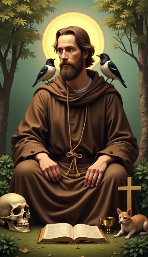 " A detailed image of Saint Francis of Assisi in a lush natural landscape,  surrounded by elements of nature ,  like birds perched on his shoulders ,  small animals at his feet and trees in the background .  He wears the brown habit of the Franciscans ,  w...