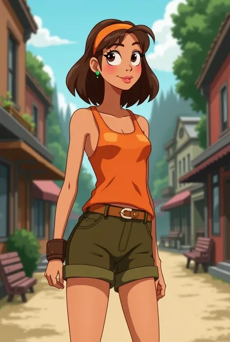 She has light brown hair with an orange headband. She wears an orange tank top, olive-brown shorts, brown socks, and brown flats. She wears small green earrings, gravity falls, corte de cabello tipo bob, milf 36 year old 
