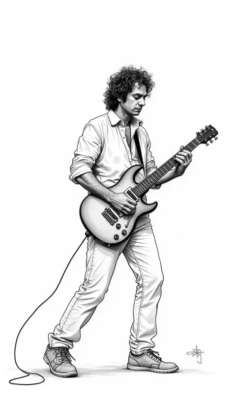 The image is a black and white line drawing showing Gustavo Cerati playing a electric guitar. He is depicted in a casual pose with a slight lean towards the guitar, suggesting a relaxed but engaged attitude towards the instrument. The drawing style, with i...