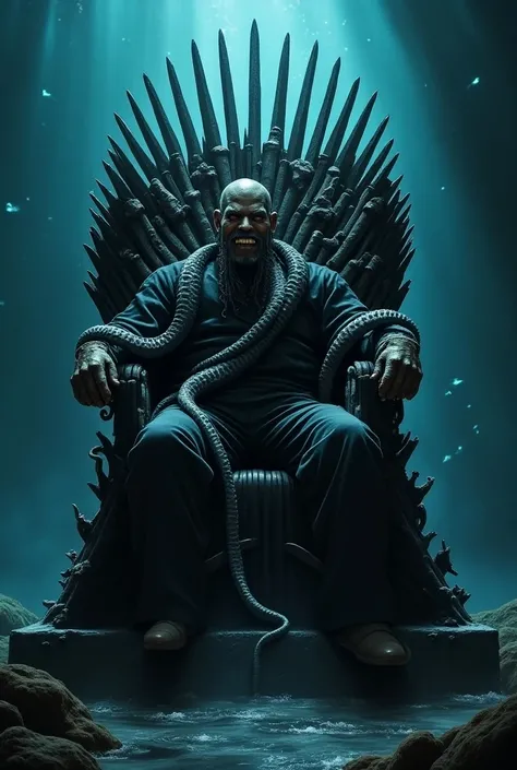 Davy Jones sitting on the Iron Throne from the Game of Thrones series. 