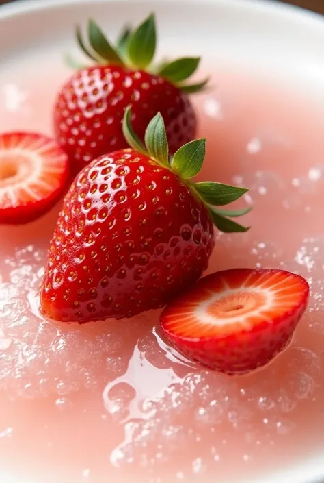  caramelized strawberries in cold melted sugar. on a plate  