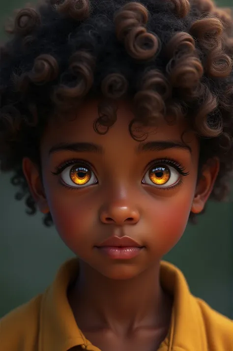 Boy with dark skin, curly brown hair and golden eyes 