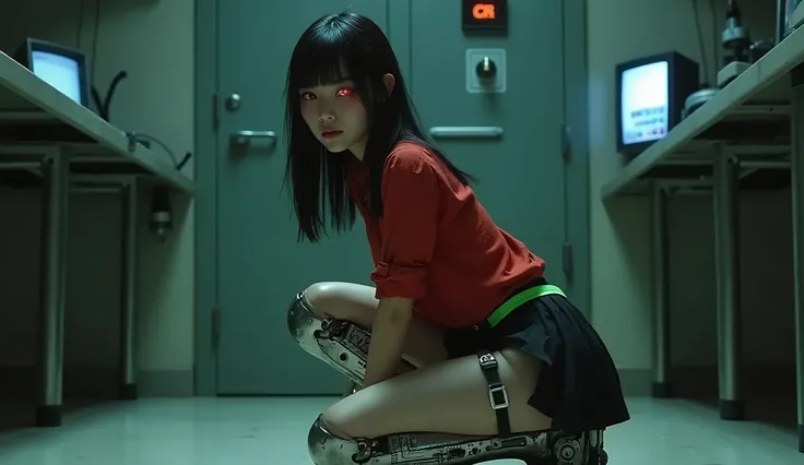 a cyborg Asian girl , with just one red bionic eye , thin with small breasts,  with an arm and a mechanical leg, wearing a torn red blouse and a black pleated mini skirt , crouched with her hands on the floor of a dark room with security monitors,  showing...