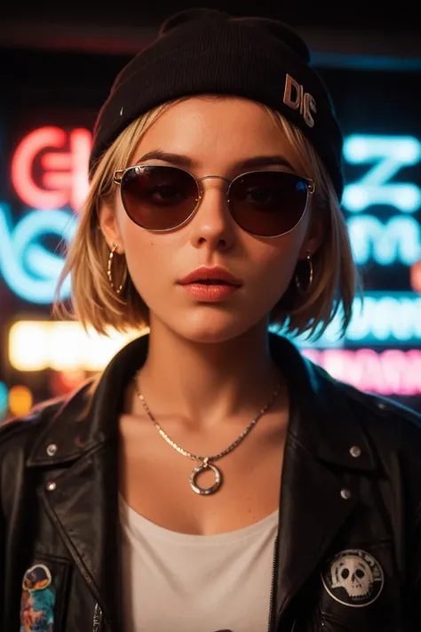 Face close up, alternative girl, watching over black sunglasses, jacket, necklace, neon light reflections on skin, ear ring, makeup, skin imperfection, short hair, beanie, neon lights background, low light, depth of field, highly detailed, high contrast, f...