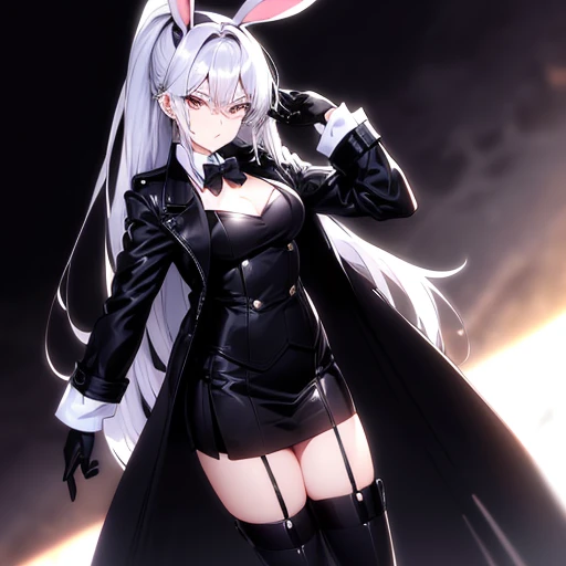 Rabbit girl,  white rabbit ears ,  long white rabbit hair, silver eyes, serious look, black trench coat,  black jacket ,  White gloves ,  short black skirt , long black boots.( high quality , 4k)