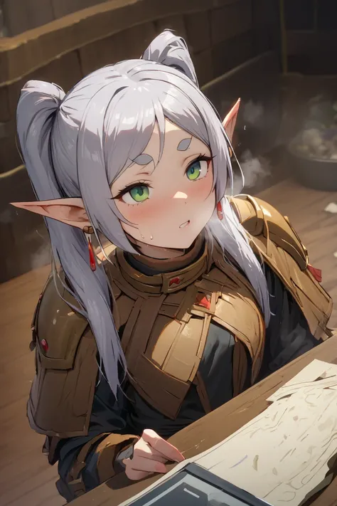 nsfw,masterpiece,Best Quality, High image quality,  very detailed,Frielen (葬送のFrielen),  pointed ears、Elf、   earrings for women only、  Twin Tails、 Split Bangs 、Grey Hair、  thick eyebrows,green eyes,Small breasts,  wear armor、 Adventurers Guild,Reception co...