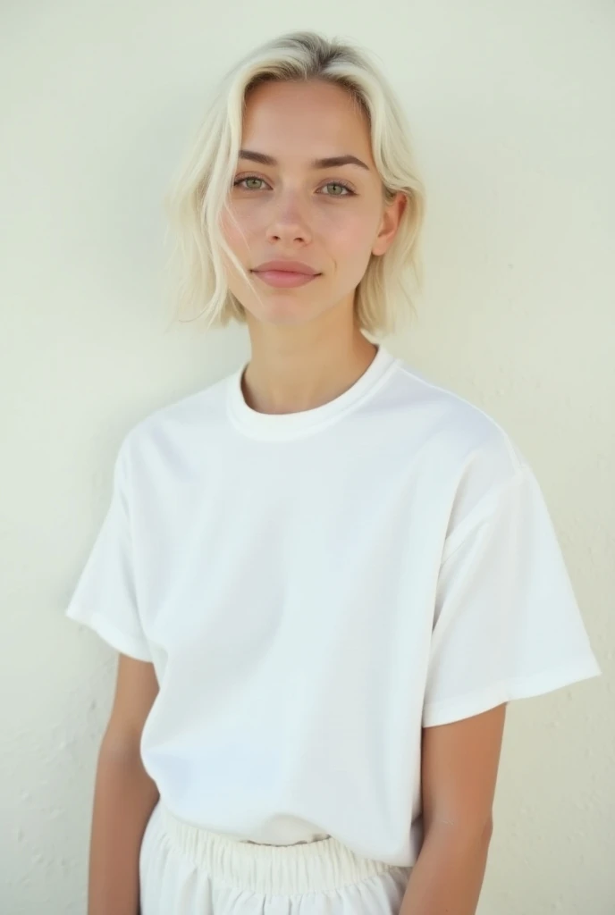 A portrait photograph of a young woman standing against an off-white wall with subtle texture. She is centered in the frame, slightly leaning to her left with her head tilted to the right. Her short, wavy wet white hair falls over her chin, framing her fac...