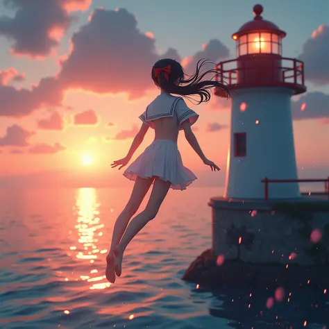 Haunting Live-Action, Extremely Detailed KAWAII JK Diving from Lighthouse. Magic Hour Miracle, Sparkling, LifeLike Rendering, MotionBlur, (XLabs F.1 Realism LoRA V1), White Sailor Uniform with Thongs, Red Ribbon Ponytail hair fluttering in the wind, Profes...