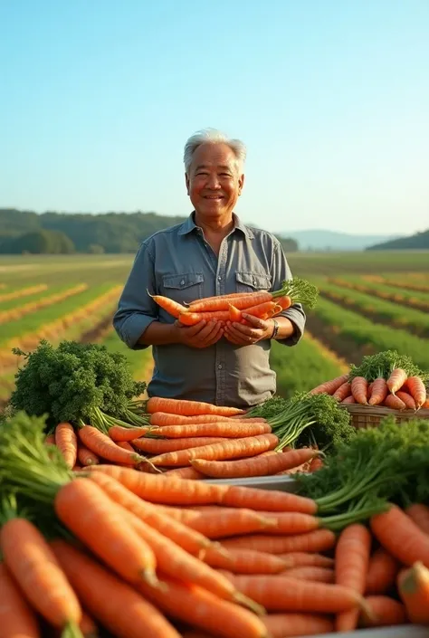 In the foreground, there are several baskets of golden carrots on the ground. A happy 55-year-old Taiwanese man in a gray shirt holds carrots he has just picked from the field. The carrots are thick and big, very big, and huge. The man stands behind severa...