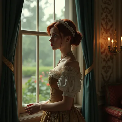  A flashback scene showing a young woman, Eleanor, dressed in Victorian clothes, gazing out a window.