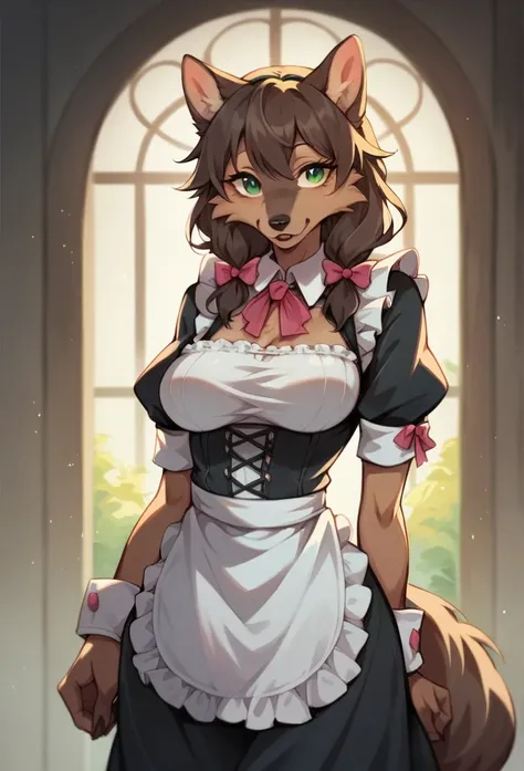  Best art style ,  animal container , yuno , Brown wolf, wolf, 1 girl, fluffy, long curly brown fur,  slim body,  green eyes ,  wide hips ,  big breasts ,  dressed as a maid