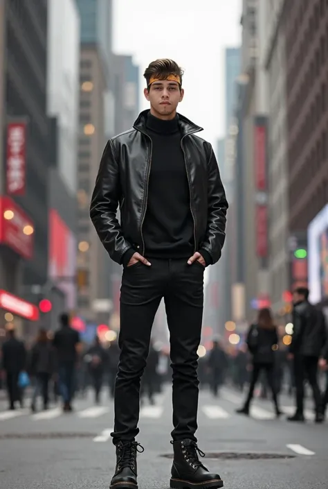  Tall white boy wearing black leather jacket ,  black pants , long sleeve turtleneck sweater ,  and black Timberland shoes in New York City