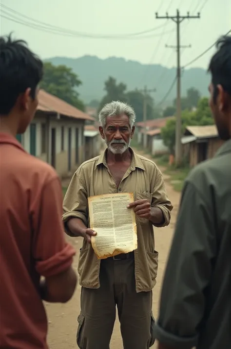 A local man holds expropriation papers handed to him by foreigners.