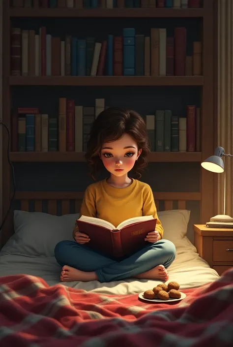 A girl reading a lot of books in her room with food