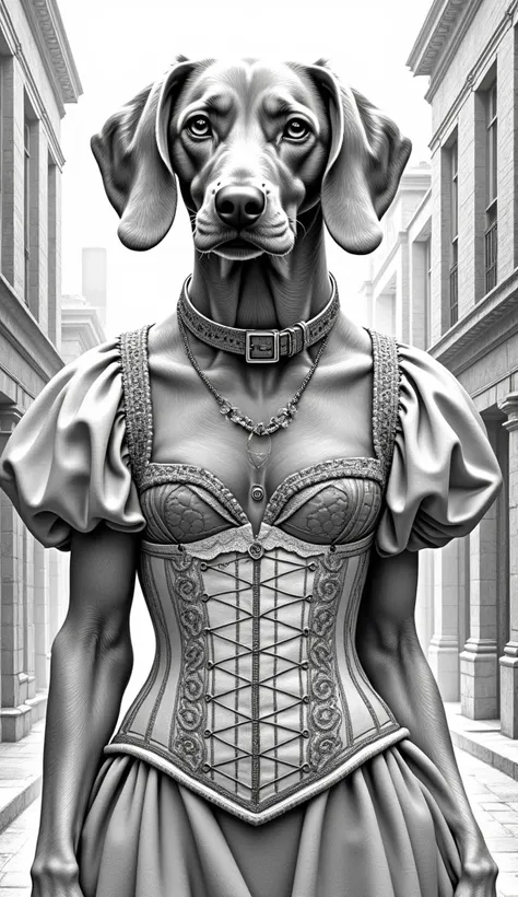 Beautiful Vizsla in transvestite costume in corset in Peaky Blinders style from Rocky Horror Picture Show as a coloring page in black and white 