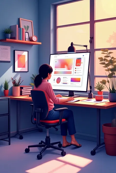 Create a vibrant and professional digital illustration of a graphic designers workspace, with AI tools on the screen, artistic color palettes, and modern tools around. The scene should evoke creativity, efficiency, and innovation with a bold and sleek look...