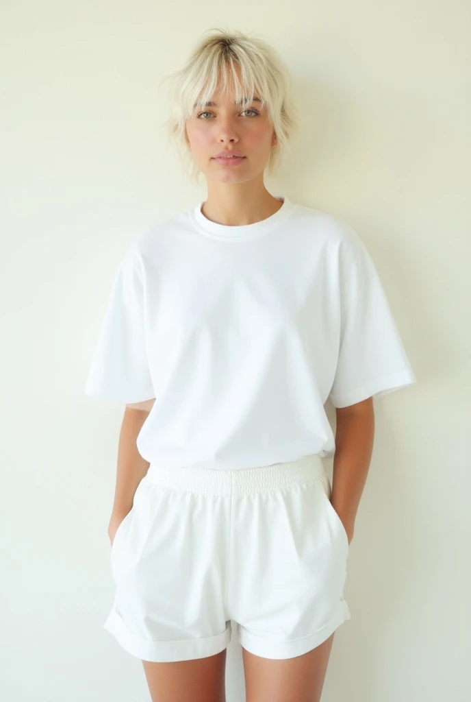 A portrait photograph of a young woman standing against an off-white wall with subtle texture. She is centered in the frame, slightly leaning to her left with her head tilted to the right. Her short, wavy wet white hair falls over her chin, framing her fac...