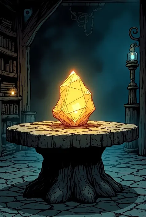 Draw an image of a philosophers stone on an American comic style stone table