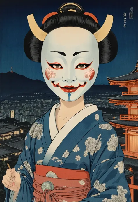 View of a women in a noh mask, kyoto in background at night, by Katsushika Hokusai, best quality, masterpiece, 8k, Representative work, official art, Professional, Ultra intricate detailed