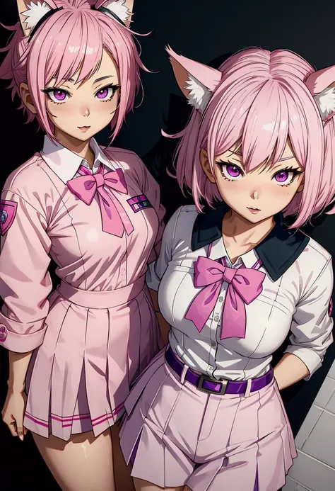 Female character, My Hero Academia style, sixteen years old, short pink hair, pink kitsune ears down, white complexion, purple eyes, school uniform