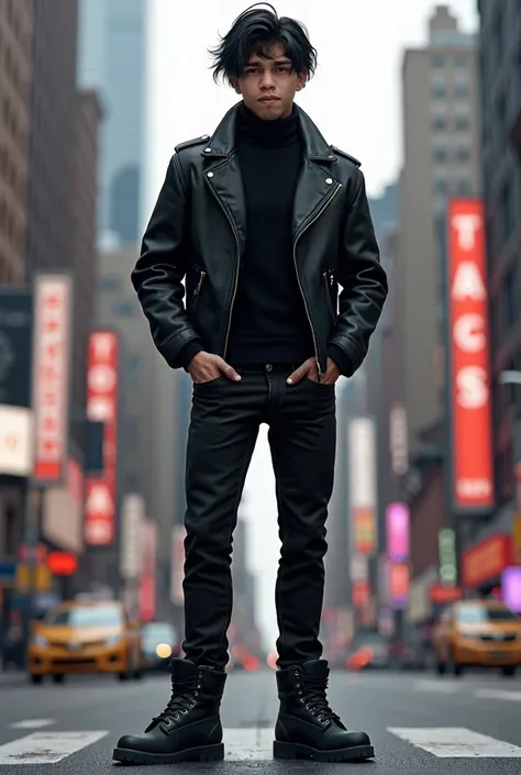 Pale white boy  , high of 1,75m, something muscular ,  black hair ,  with black leather jacket,  black pants ,  long sleeve turtleneck sweater,  and some black Timberland shoes , in new york city