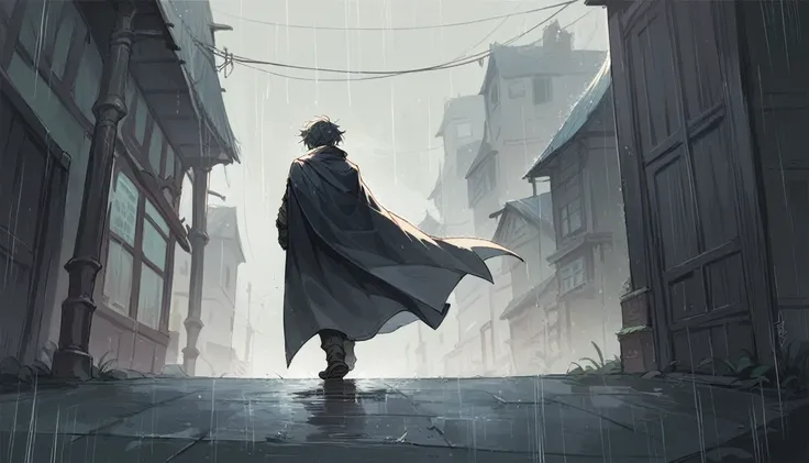 Dark Knight in a cape walking in the rain