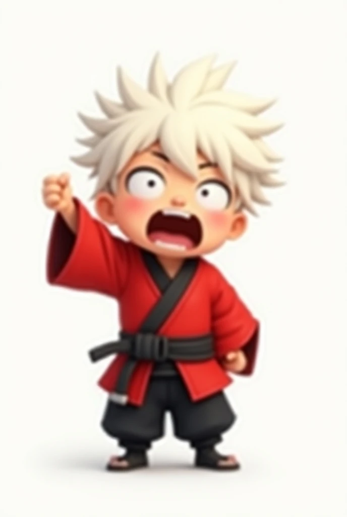 Make a little ninja who wears a red jacket and black pants with white hair and he has his hand on his head as if he were in shock Cartoon style with minimalist background 