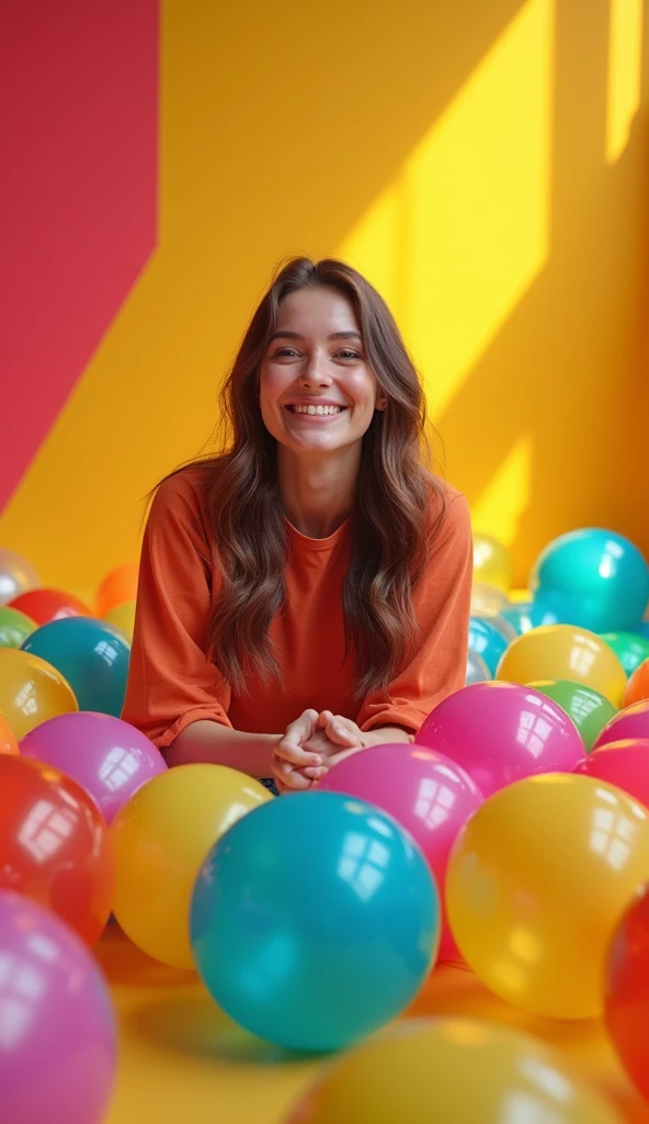 "A happy and relaxed young woman sitting on the floor, surrounded by colorful transparent plastic balls. The setting is a vibrant studio with controlled lighting. The composition should have the woman in the center, with the balls creating a circular movem...