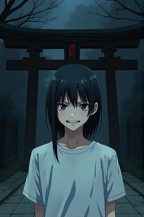 Souichi , This is Junji,  neck-length black hair , black eyes,  With nails in his teeth ,  Wearing a white t-shirt , 80&#39;s style, 90s style, anime, Album cover,   in front of a toric gate at a shrine at night,  Detailed eyes, detailed plan, in complete ...