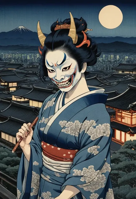 View of a women in a  hannya (Prajna) mask, kyoto in background at night, by Katsushika Hokusai, best quality, masterpiece, 8k, Representative work, official art, Professional, Ultra intricate detailed