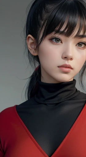 solo, 1 girl, oval face, cute, ninja, muscular, big breasts, natural makeup, pale skin, pony tail, black hair, bangs, red coler clothes, from view, face close up,